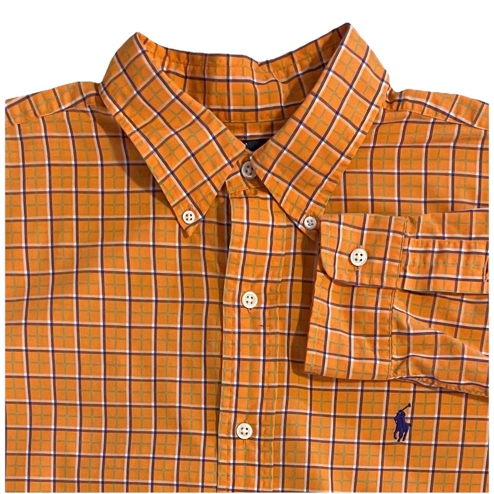 VTG Ralph Lauren Blake Orange Plaid Large Mens Shirt Colorful Spring Preppy L/S